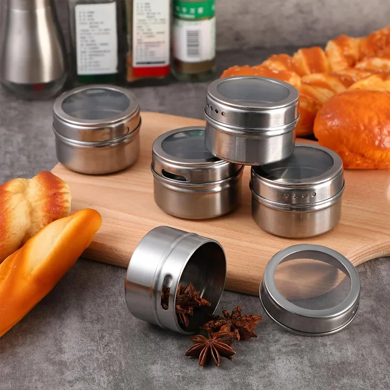 Magnetic Spice Jars with Wall Mounted Rack Stainless Steel Spice Tins Seasoning Containers with Spice Label Food Storage Base