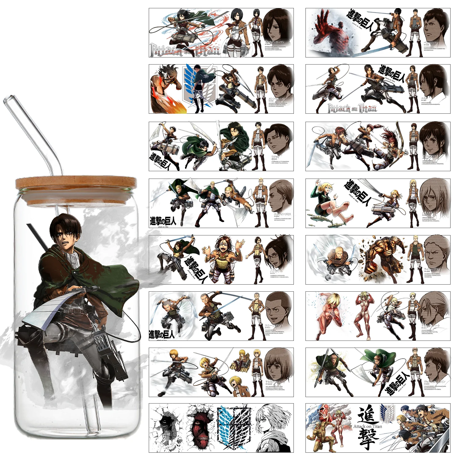 Stiker Transfer UV DTF Attack on Titan Eren Levi Reiner Mikasa untuk DIY Cangkir, Gelas, Botol Plastik, Kaleng, Pembungkus UV DTF, Dekal