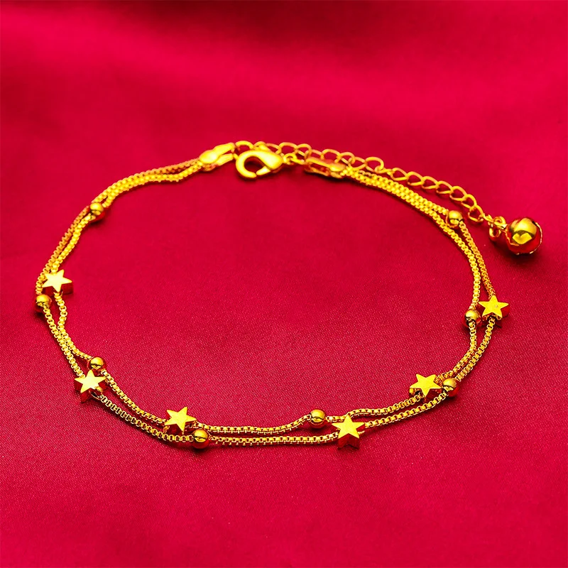 Star & Bell Anklet for Women, 24K Gold, AU999 | Polished stars & jingling bells on adjustable chain, playful for summer.