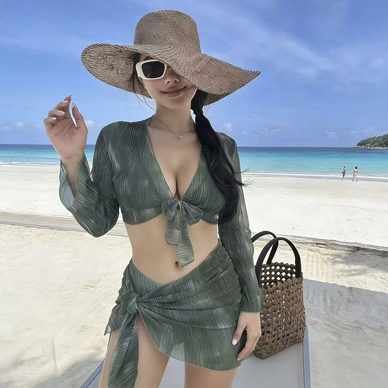 

Сексуальный оливковый бикини-комплект для женщин: раздельный купальник с длинными рукавами, защита от солнца, юбка, комплект из четырех предметов для пляжного отдыха