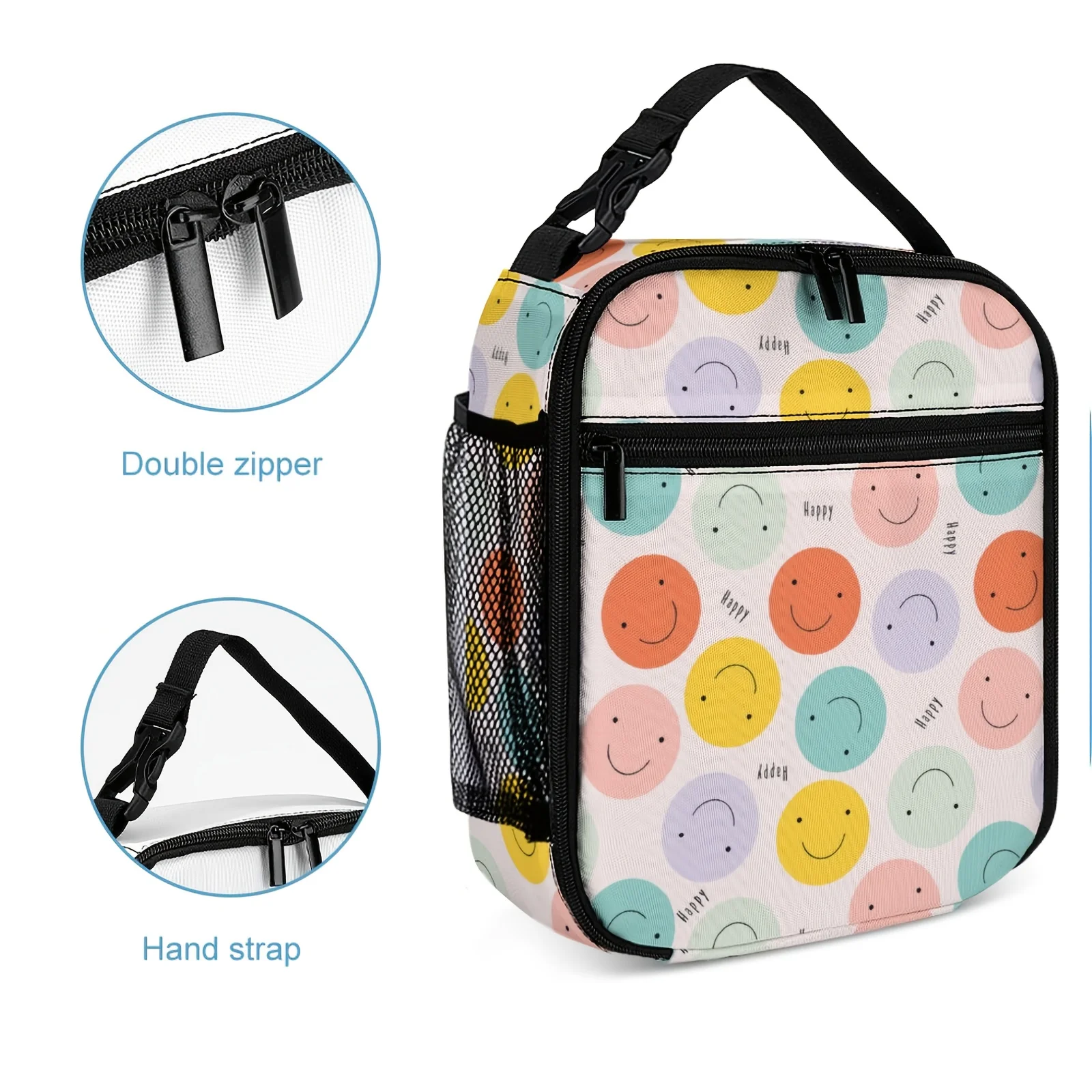 Portable Insulated Lunch Bag with Colorful joyful Face Design - Easy-Clean Polyester, Hand Wash Only, Mesh Side Pocket for Added