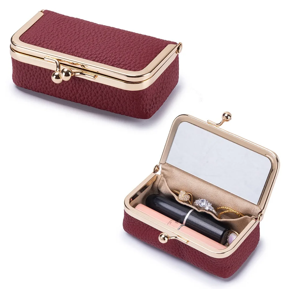 Portable Lipstick Bag with Makeup Mirror Solid Color Leather Jewelry Bag Anti-splash Water Multifunctional Makeup Bag