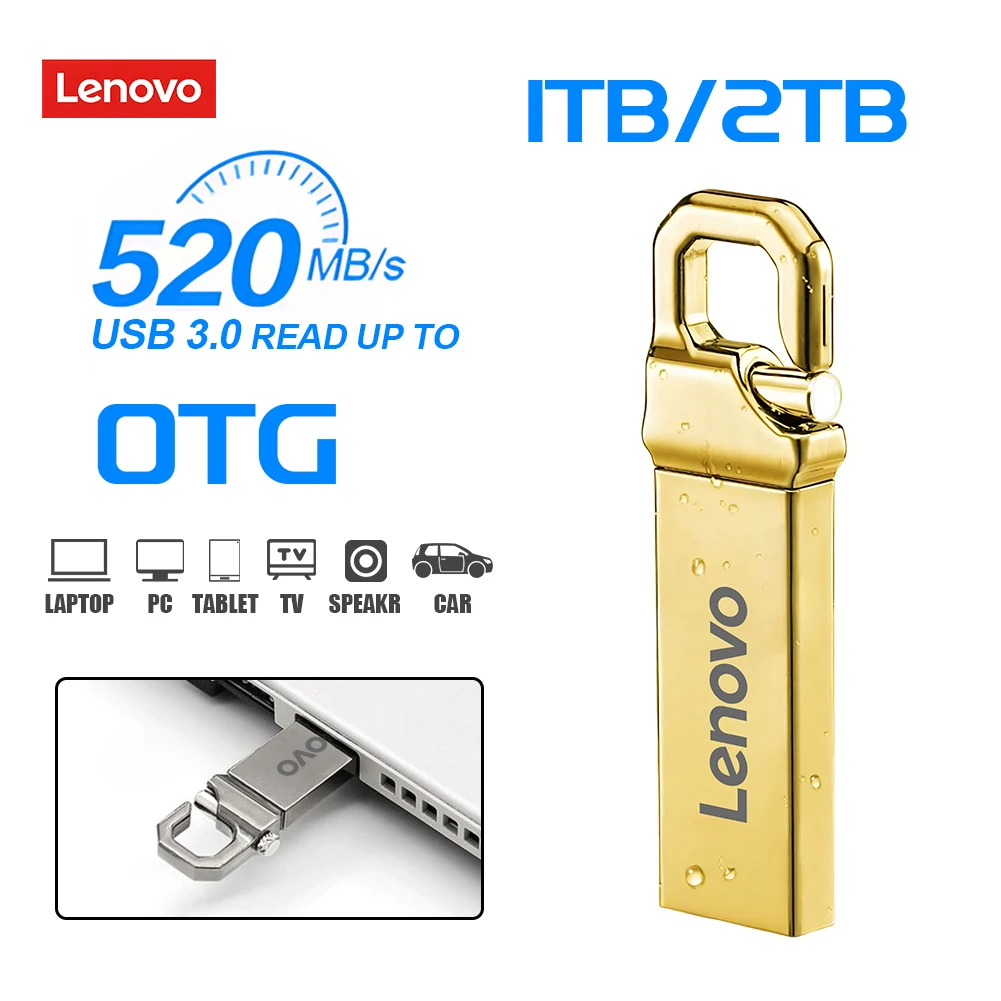 Lenovo-Clé USB 3.0 en métal haute vitesse, clé USB portable, mémoire étanche, disque flash, 1 To, 512 Go, 2 To