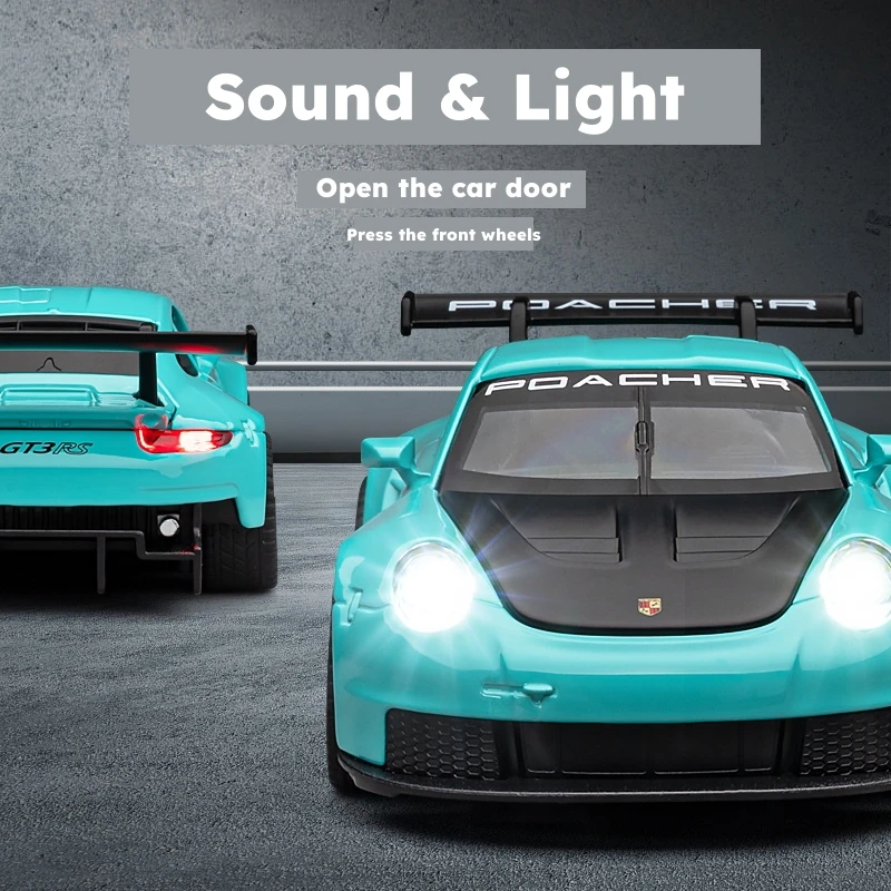 1/32 Porsche 911 GT3 RS Racing Toy Car Model Diecast Metal Rally Miniature Pull Back Sound & Light Collection Gift For Boys Kid