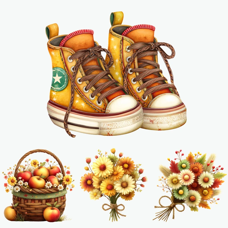 

2PCS Floral Basket Apples Shoes Bouquet iron on patches DTF Patches for clothes Iron-on transfers for clothing heat transfer