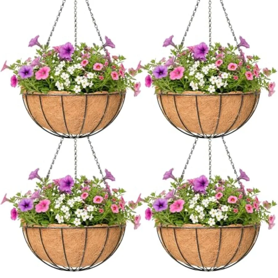 

4 Pack Hanging Planter for Outdoor Plants 14 inch Metal Hanging Flower Basket with Coco Coir Liner Round Wire Plant Holder Chai
