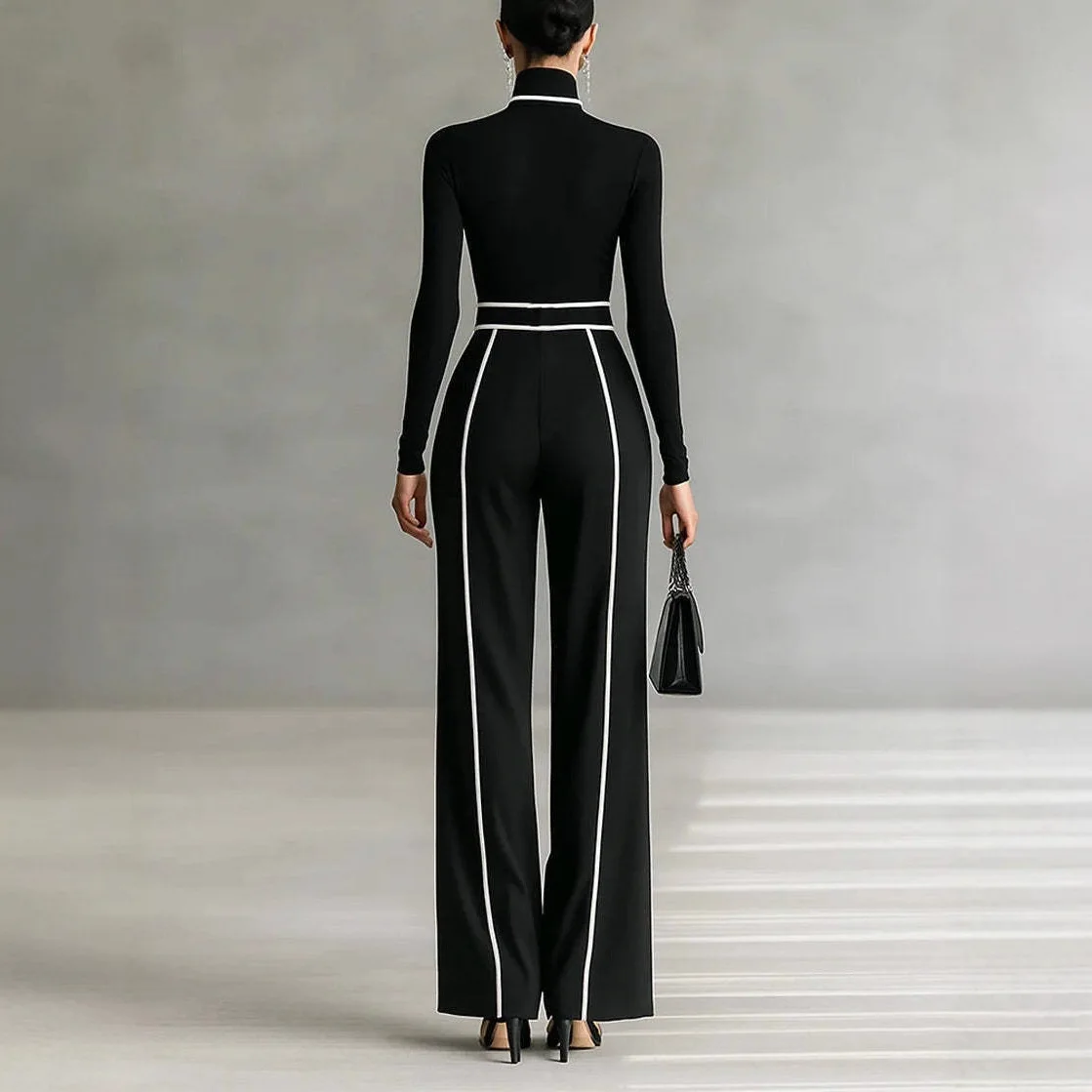 2026 Spring Summer New Elegant Stand Collar Color Block Trim Waist Slimming Long Sleeve Knit + Wide Leg Pants Two-Piece Set
