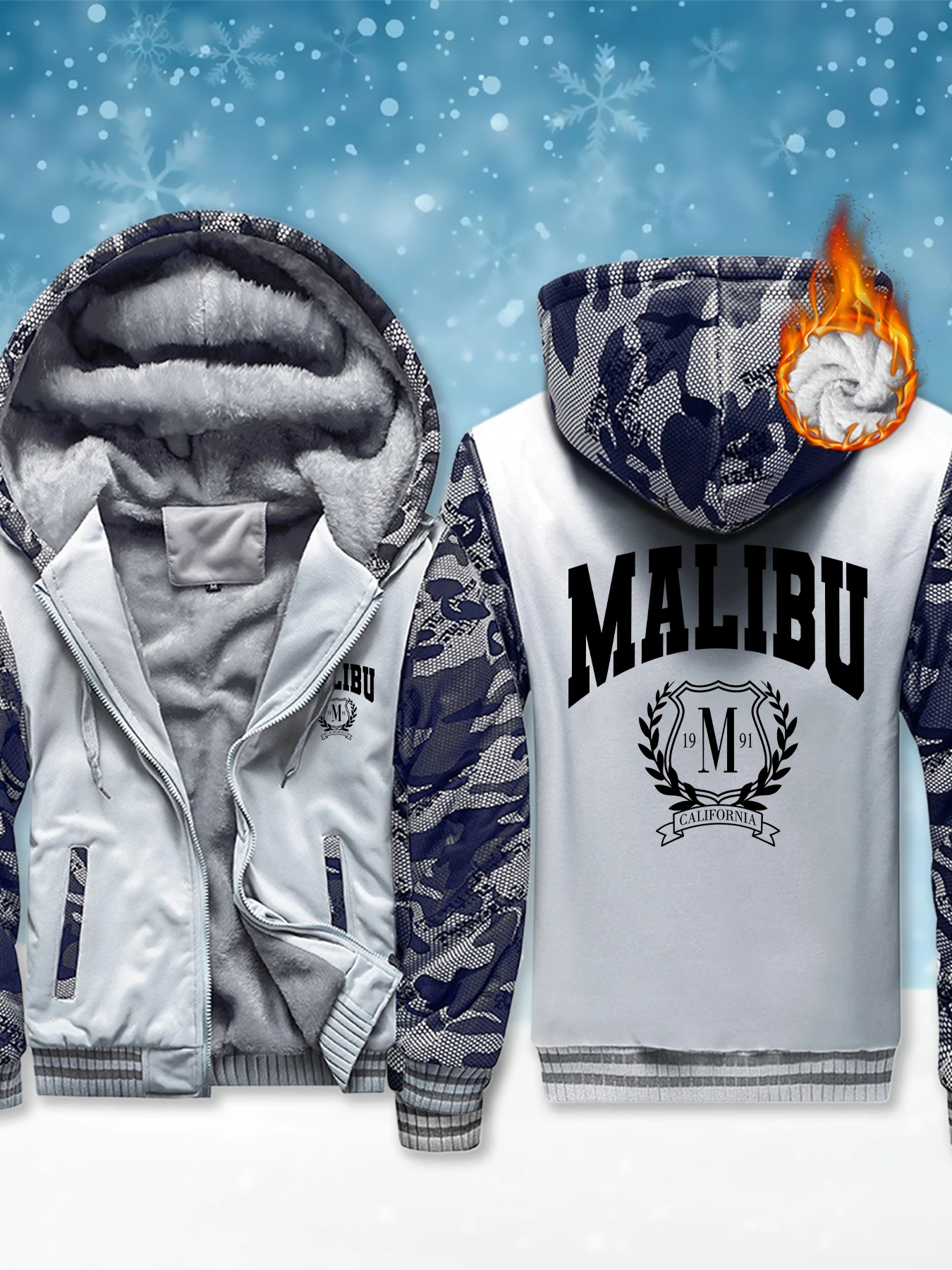 

Мужская куртка с капюшоном Malibu с пляжным принтом, зимние теплые толстовки, флисовая повседневная толстовка с капюшоном, модная тяжелая уличная одежда, пальто на молнии