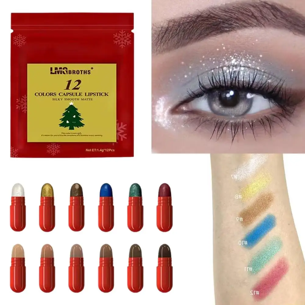 Ensemble de rouges à lèvres capsules chaudes de noël, 12 pièces, ombre à paupières, brume mate, velours, facile à colorer, adapté au maquillage quotidien