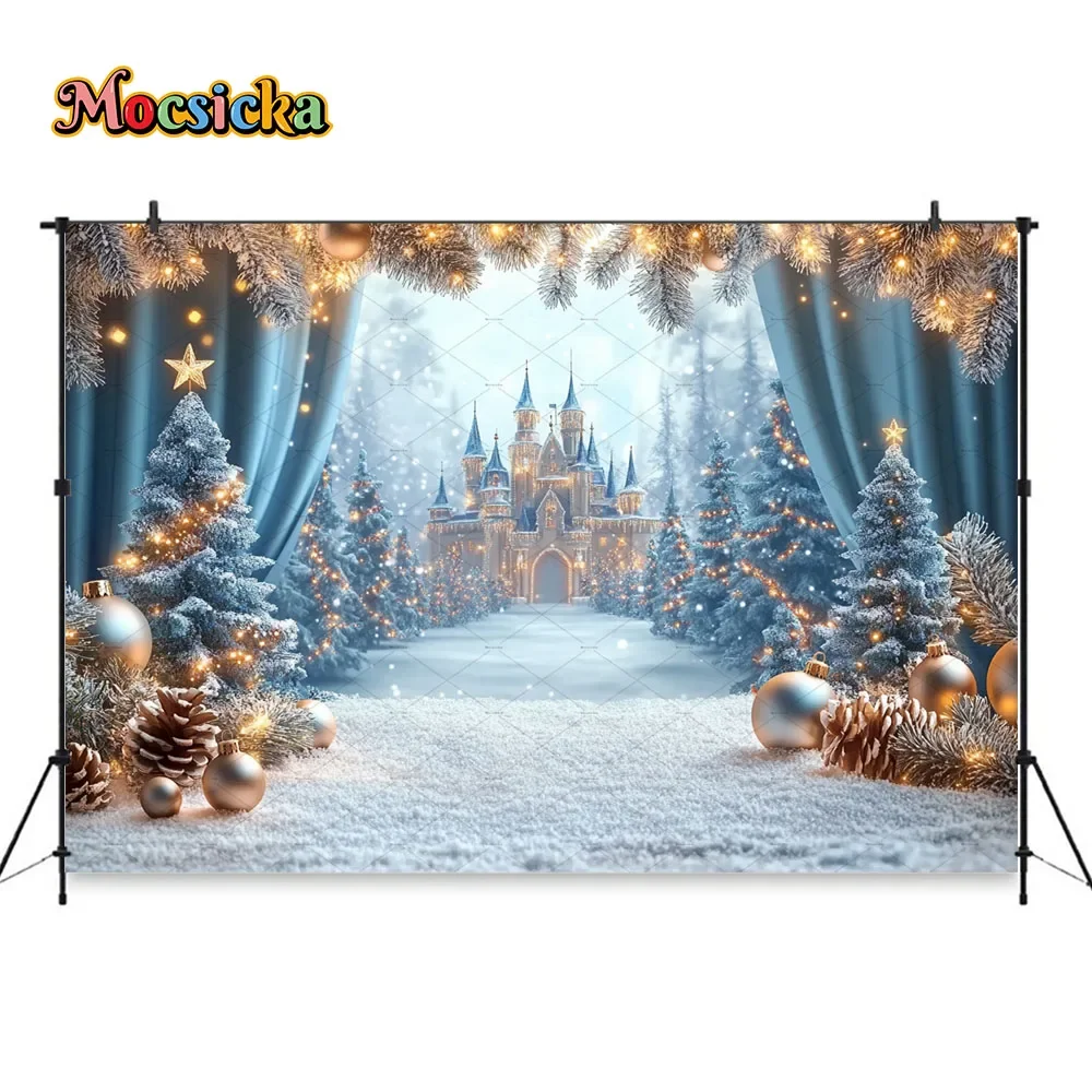 Mocsicka Winter Frozen Castle Photography Background for Girl Princess Birthday Xmas Tree Blue Backdrop Kid Indoor Photo Studio