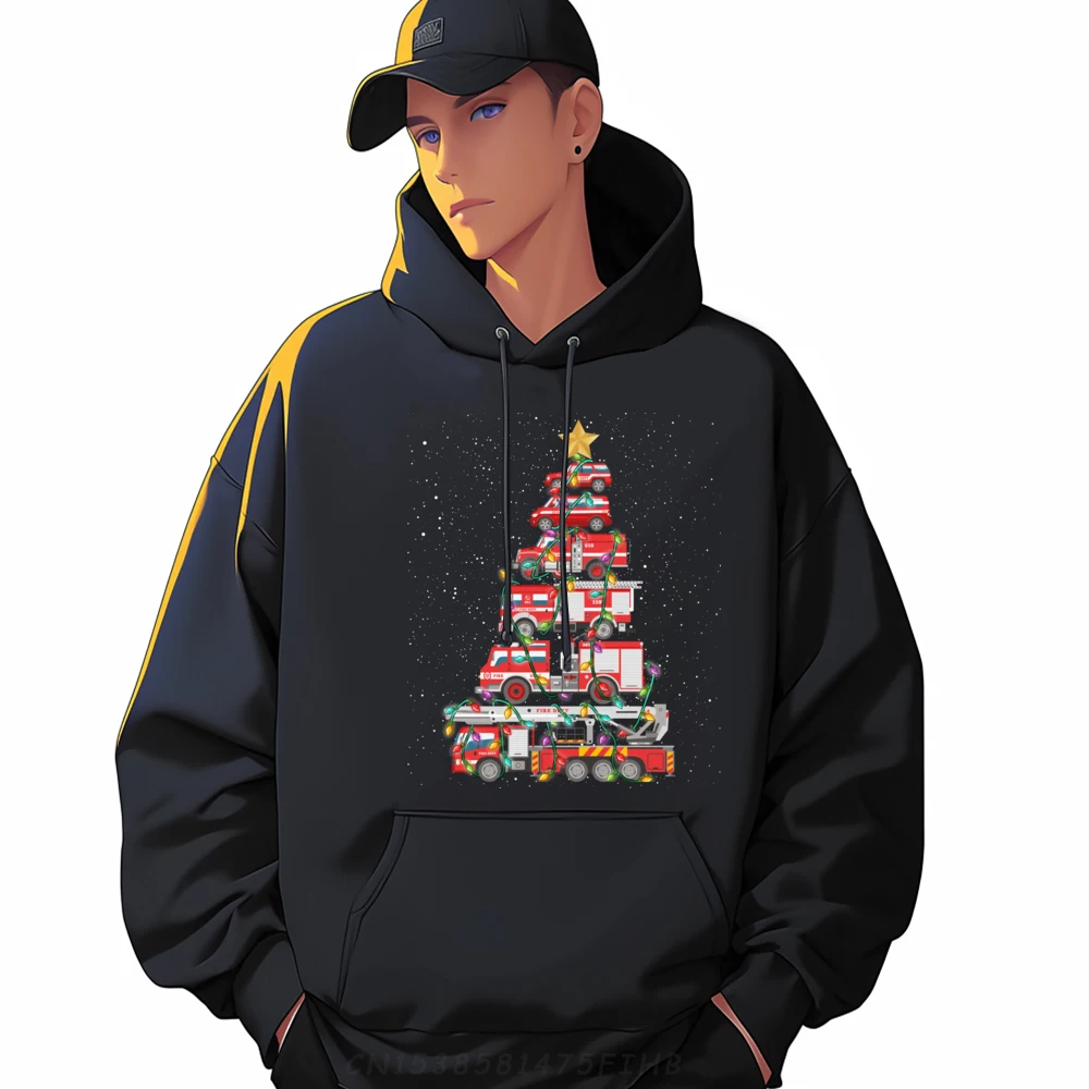 Funny Firefighter Tree Fire Truck Christmas Merry Xmas Graphic Shirts Men Men's Clothing Pullover