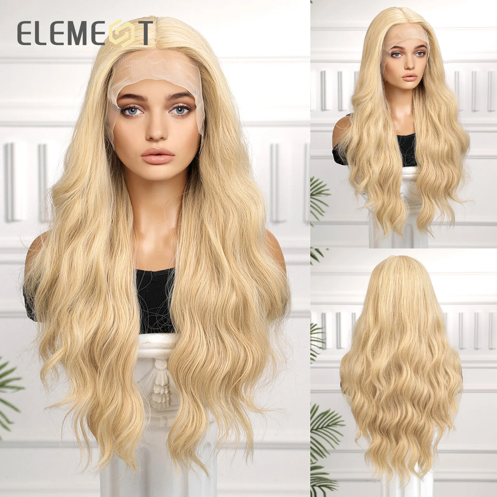 

ELEMENT HD Lace Front Wigs Synthetic Hair Long Water Wavy Middle Part Light Blonde Hair Wig Daily Party for Women Natural Use