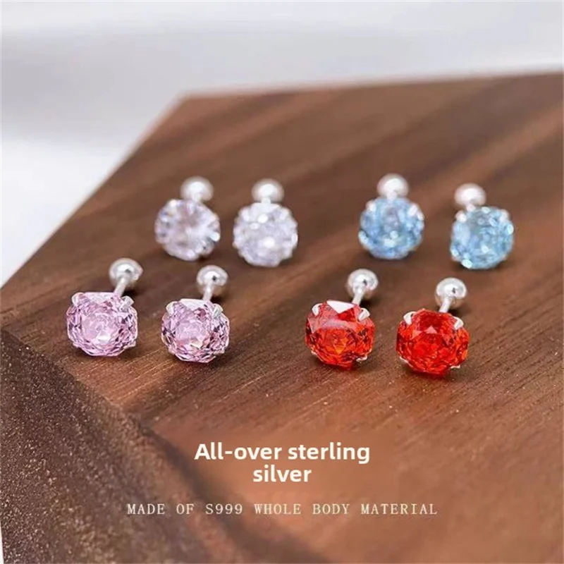 

S999 pure silver earrings for women, high-end rose cutting with zirconium inlaid ear bone studs, ear hole earrings wholesale