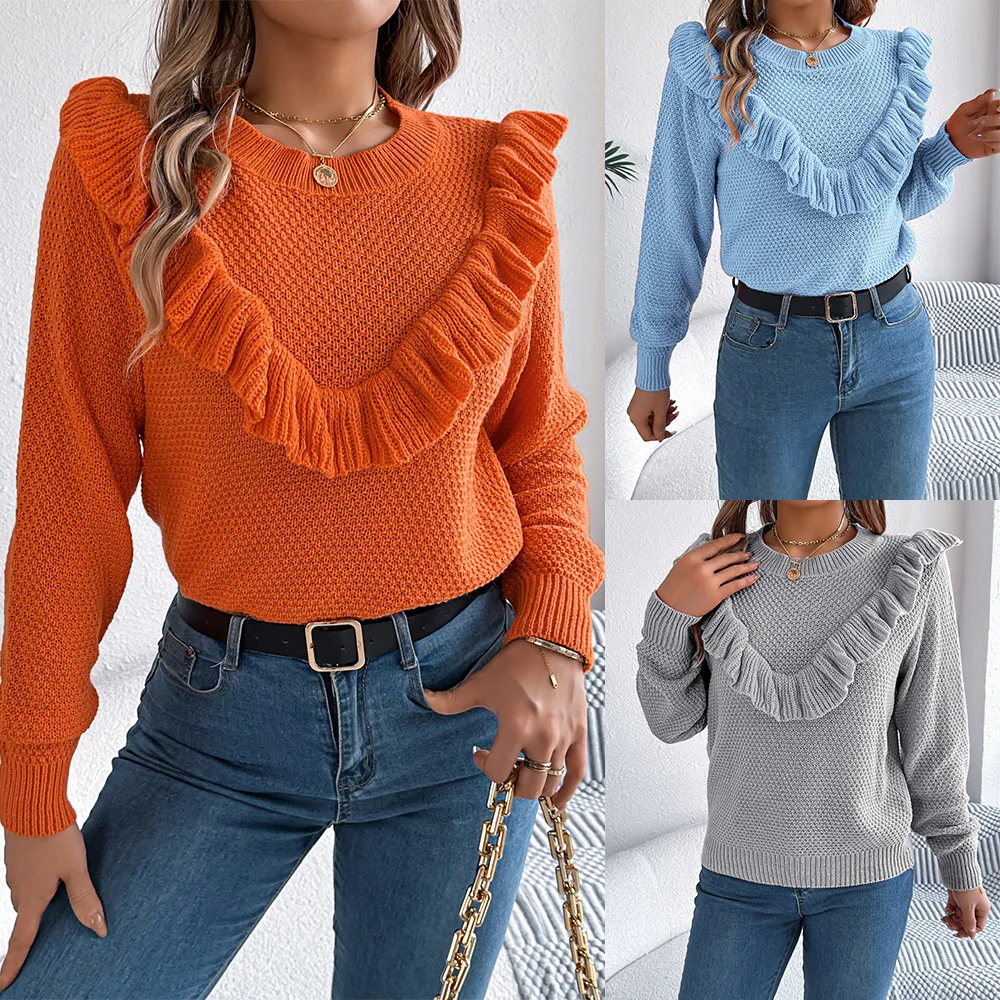 Elegant Women 2024 Autumn And Winter Elegant Solid Color Ruffled Long Sleeve Pullover Sweater Round Neck Orange Fall Jumpers Top