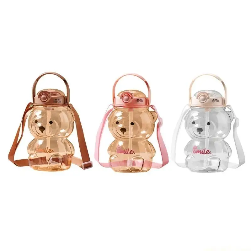 QX2E Cartoon Water Bottle with Straw Leakproof Water Cups Bear Drinking Cup Girls Water Bottle 1000ml for Fitness