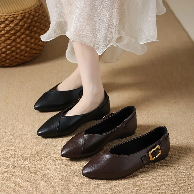 Women Flats 2026 New Retro Fashion Solid Shallow Shoes Metal Decor Pointed Toe Loafers Comfort Soft Soled Casual Female Sneakers