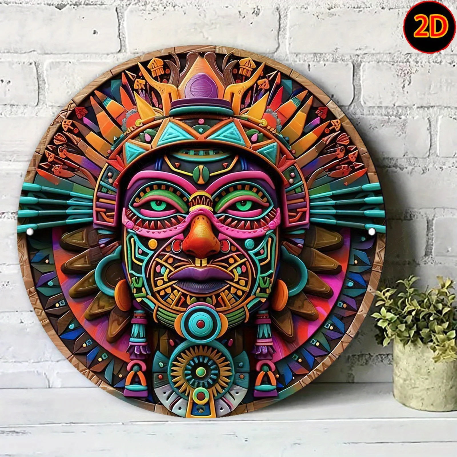 

2D плоское винтажное металлическое настенное панно с изображением ацтекского/майянского бога солнца - круглый алюминиевый декор для стен 20x20 см/7,87 дюйма с яркими цветами и сложным узором
