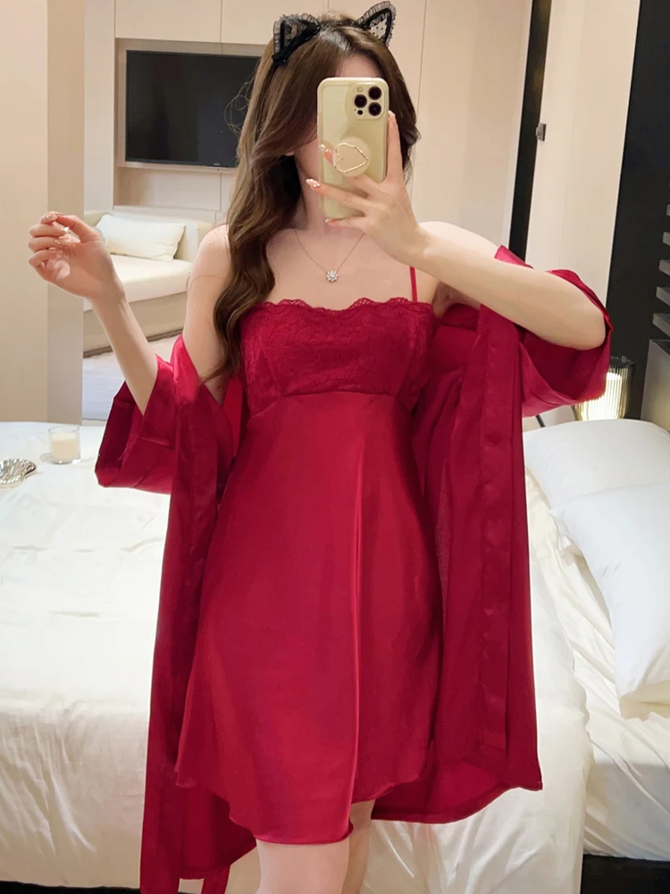 

DAIMELU ice silk nightgown women's summer wedding festive red pajamas short-sleeved nightwear female sleepwear sexy nighty lady