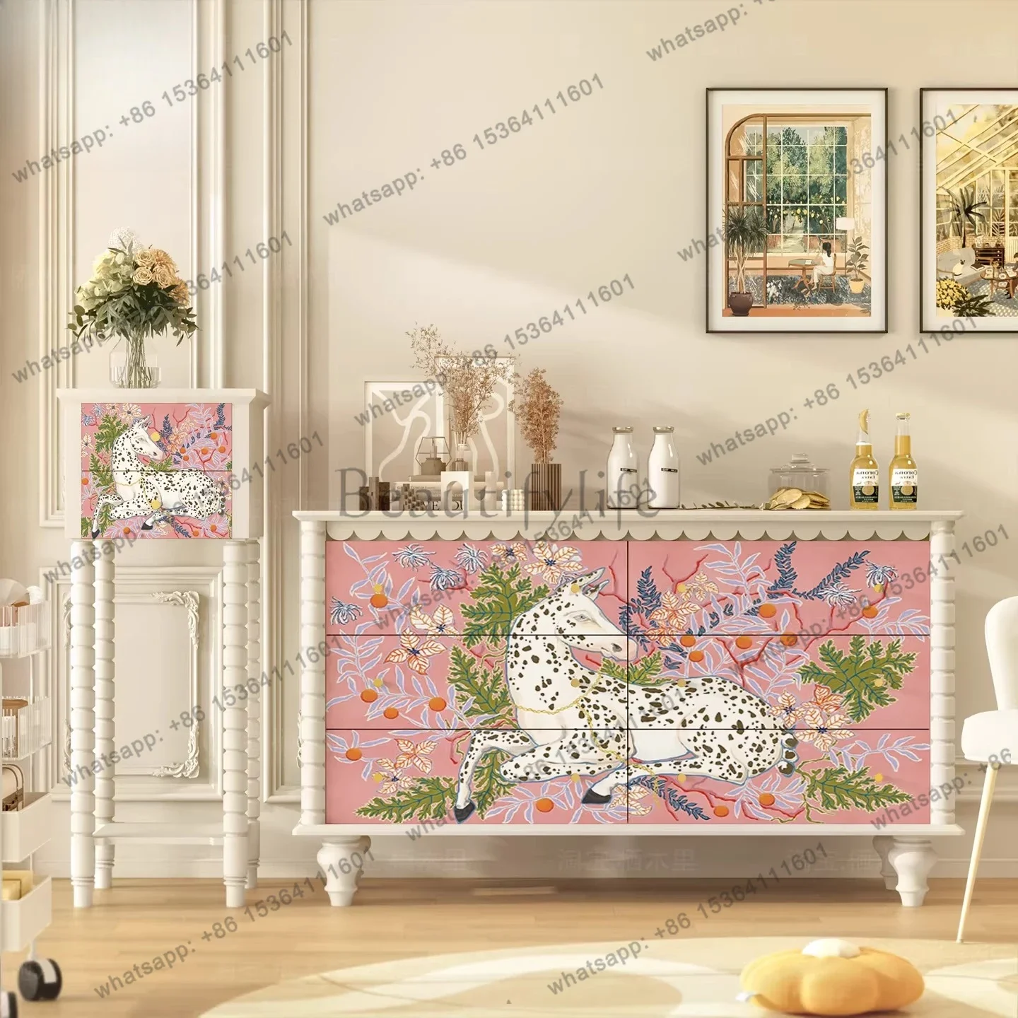 

yj21 Cream wind six-bucket drawer cabinet dining side living room against the wall storage side cabinet