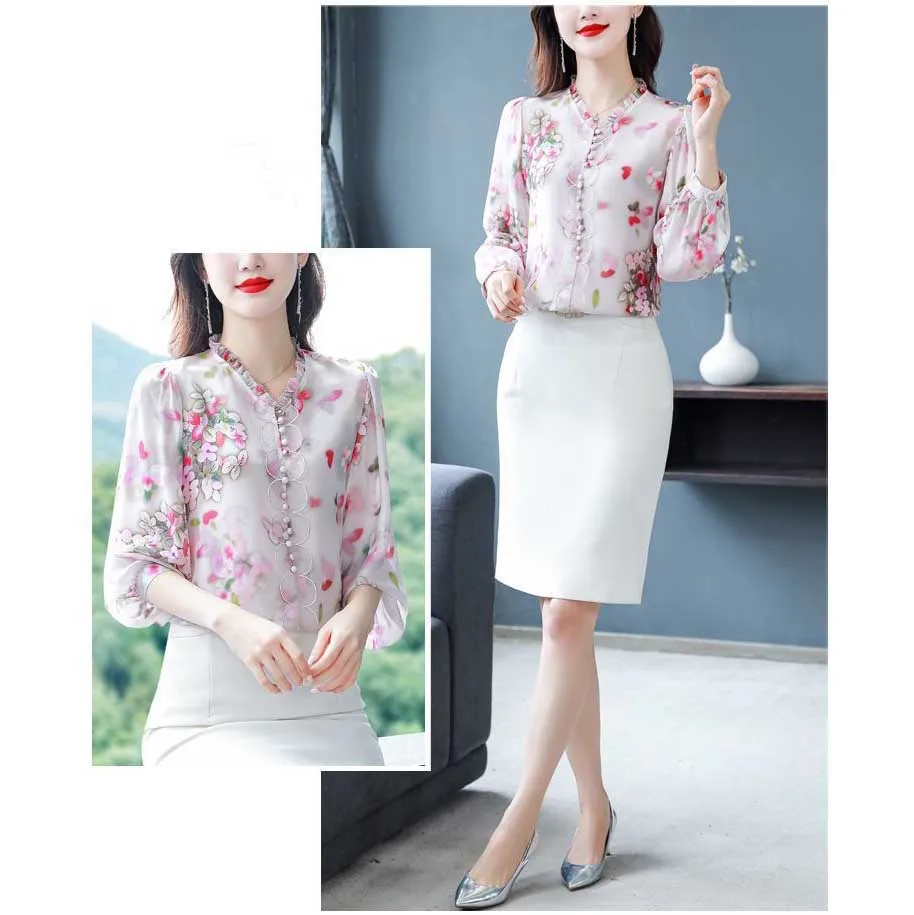 Elegant V-Neck Printed Spliced Ruffles Floral Blouses Women\'s Clothing 2024 Spring New Loose Office Lady Tops All-match Shirts