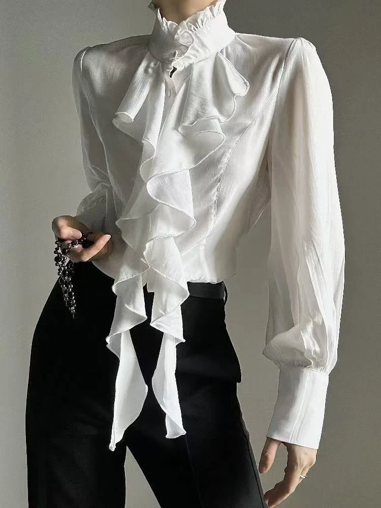 Japanese Gothic Patchwork Shirts Women Y2K Harajuku Stand Collar Ruffles Splicing Blouses Loose Streetwear Long Sleeve Tops New
