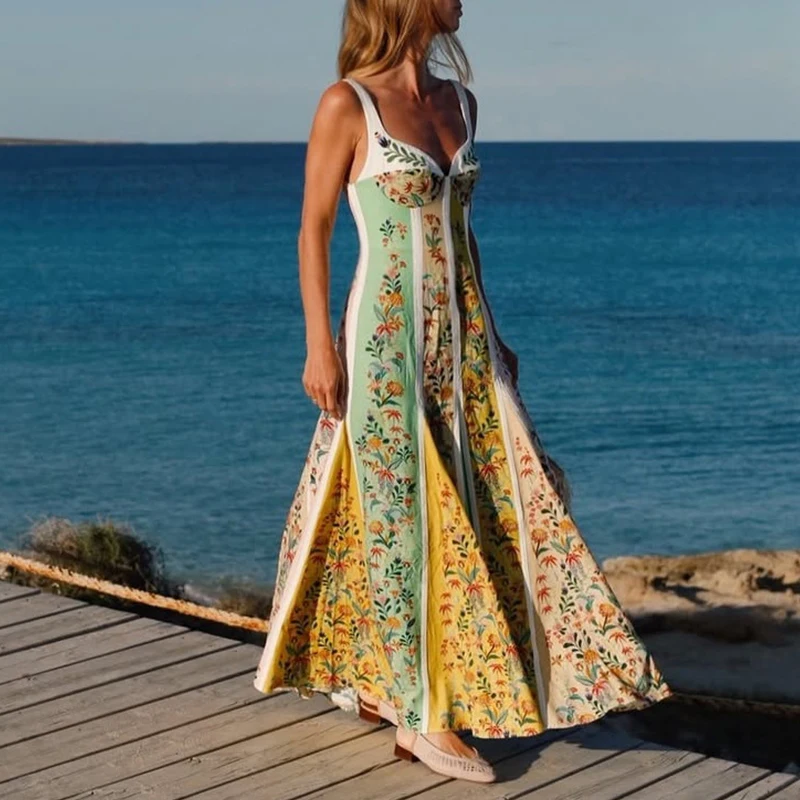 Sexy Halter sin mangas fuera del hombro Vestidos vestido de verano elegante señora Floral impreso Vintage batas Casual ahueca hacia fuera el vestido Bohe