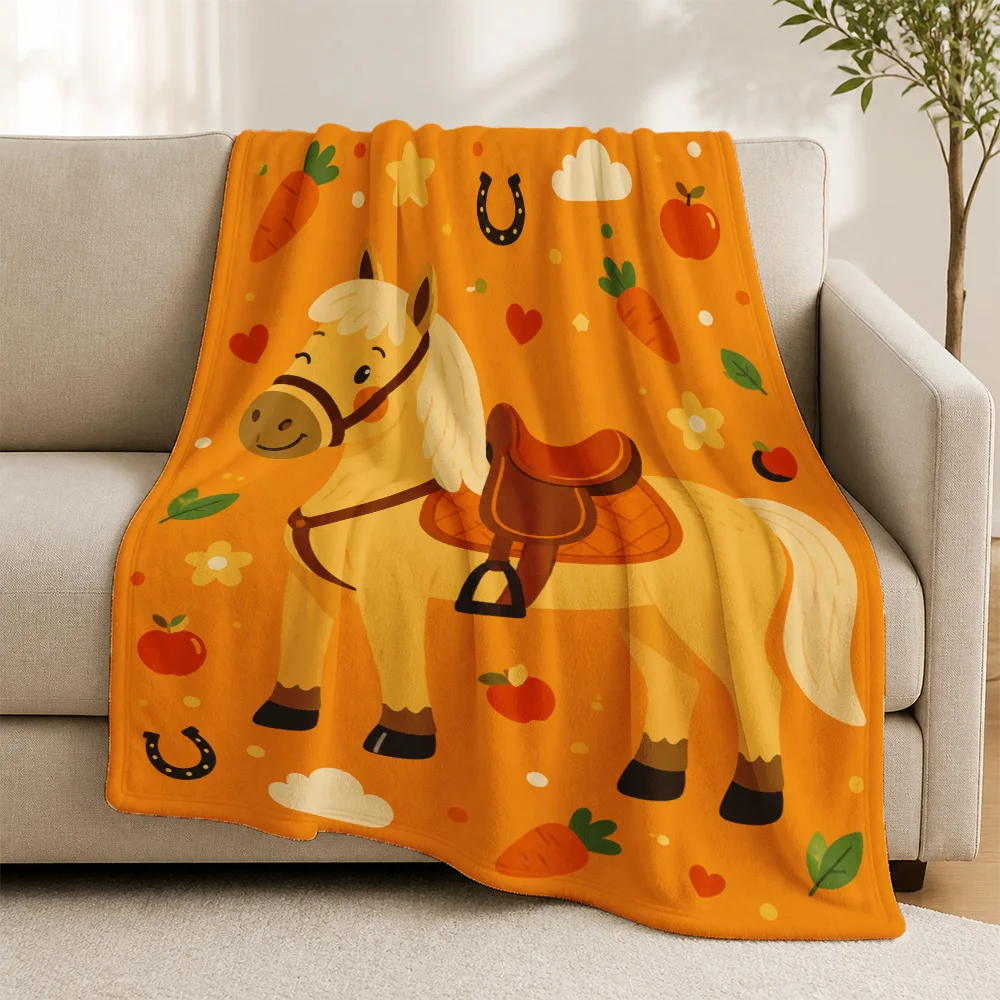 Whimsical Horse Throw Blanket Sofa Cover Couch Decor Orange Farmhouse Autumn Harvest Plush Blanket Nap Decor Gift