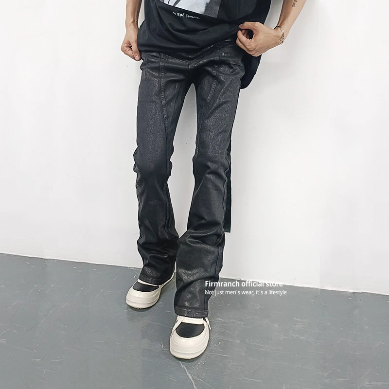 Firmranch New Black Oil Wax Jeans For Men/Women Punk Streetwear Skinny Bootcut Denim Pants Slim Fit Motorcycle Biker Trousers