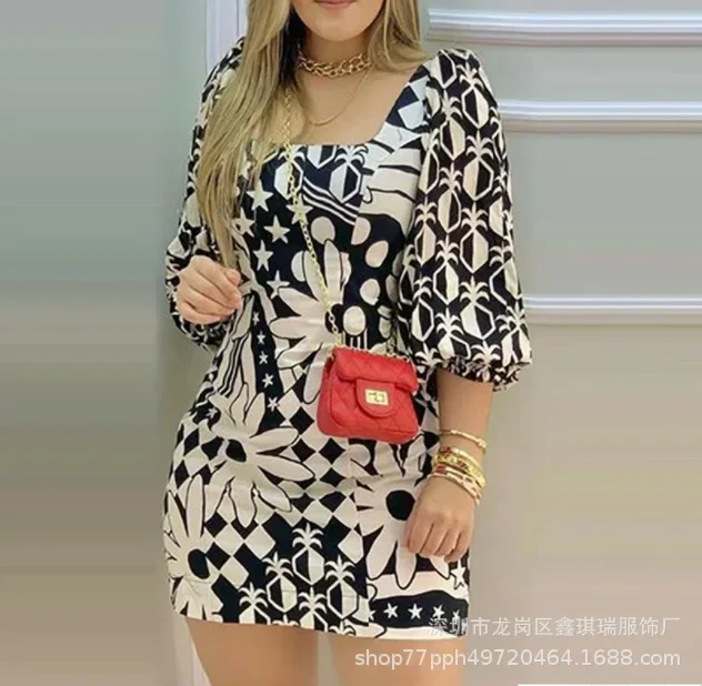 

Floral Print Lantern Sleeve Casual Dress Women Square Neck Mini Dress New Black Print Square Neck Dress with Puffy Sleeves