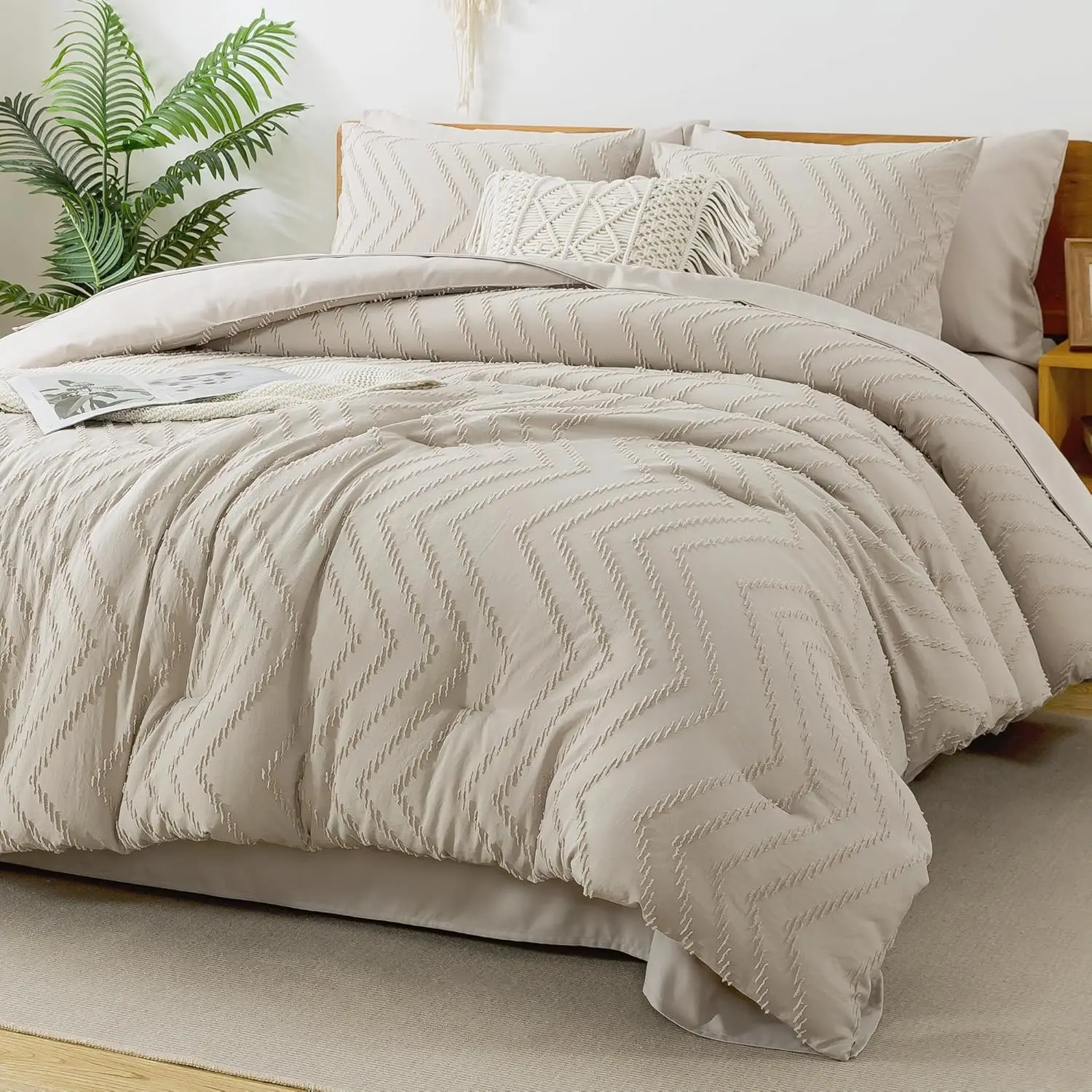 

King Size Comforter Set with Sheets - 7 Pieces Boho Luxury Bedding, Chevron Tufted Design, Beige