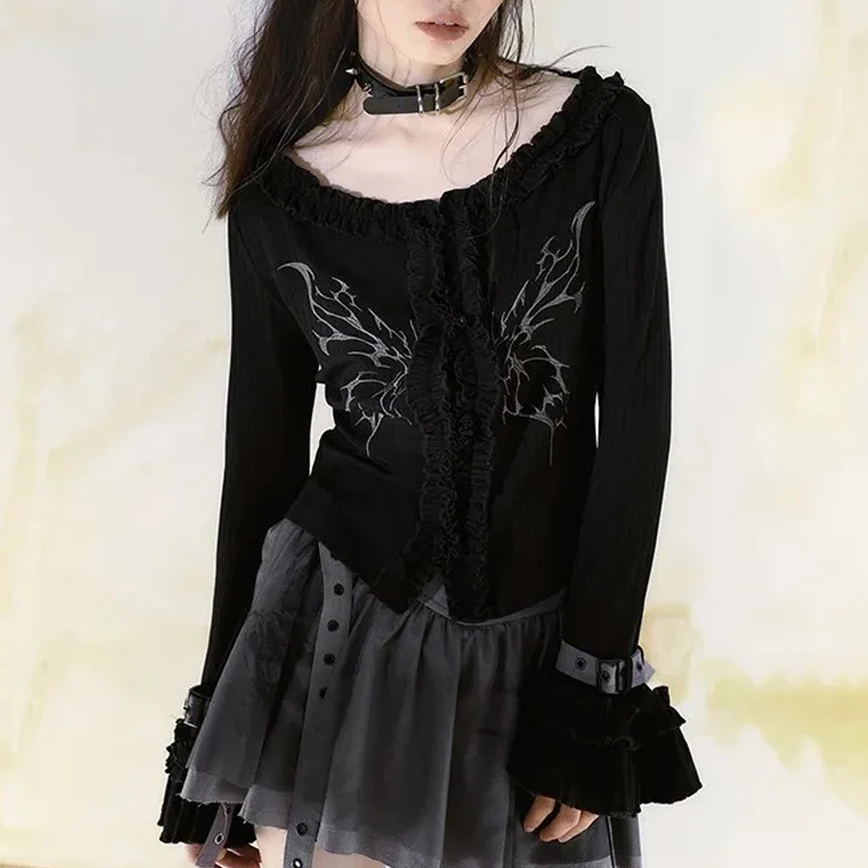 2023 90s Grunge Aesthetics Knitted Shirt Gothic Butterfly Print Blouses Vintage Wasteland Dark Academia Alt Emo Punk Ribbed Tops