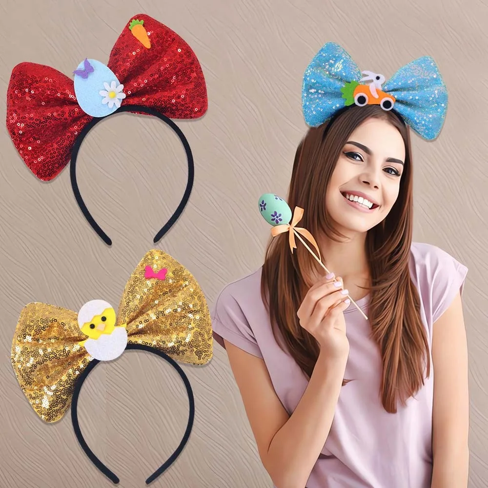 Funny Felt Easter Day Hair Hoop Plastic Glitter Rabbit Bow Headband Elastic Sparkling Festival Hair Accessories Friends