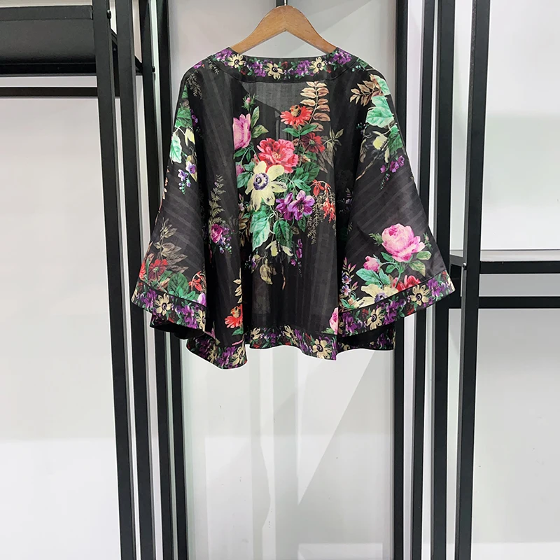 2026new Women's Black Floral Print 2 Piece Set | Boho Tie Front Blouse & High Waist Shorts Summer 2 piece sets womens outfits
