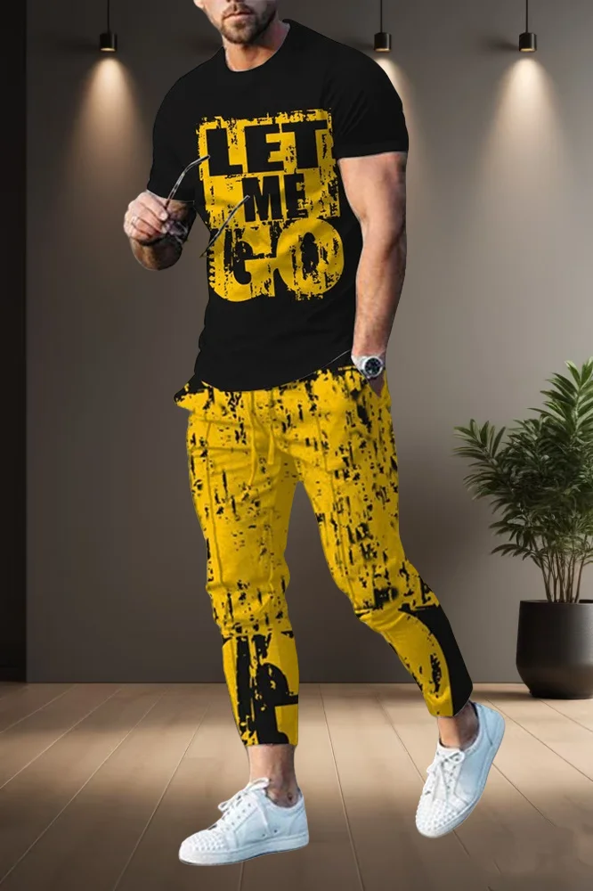 

Summer Men's Fashion Short-sleeved Trousers Simple Color Pattern Printing Casual Street Adult Trend Matching Two-piece Set