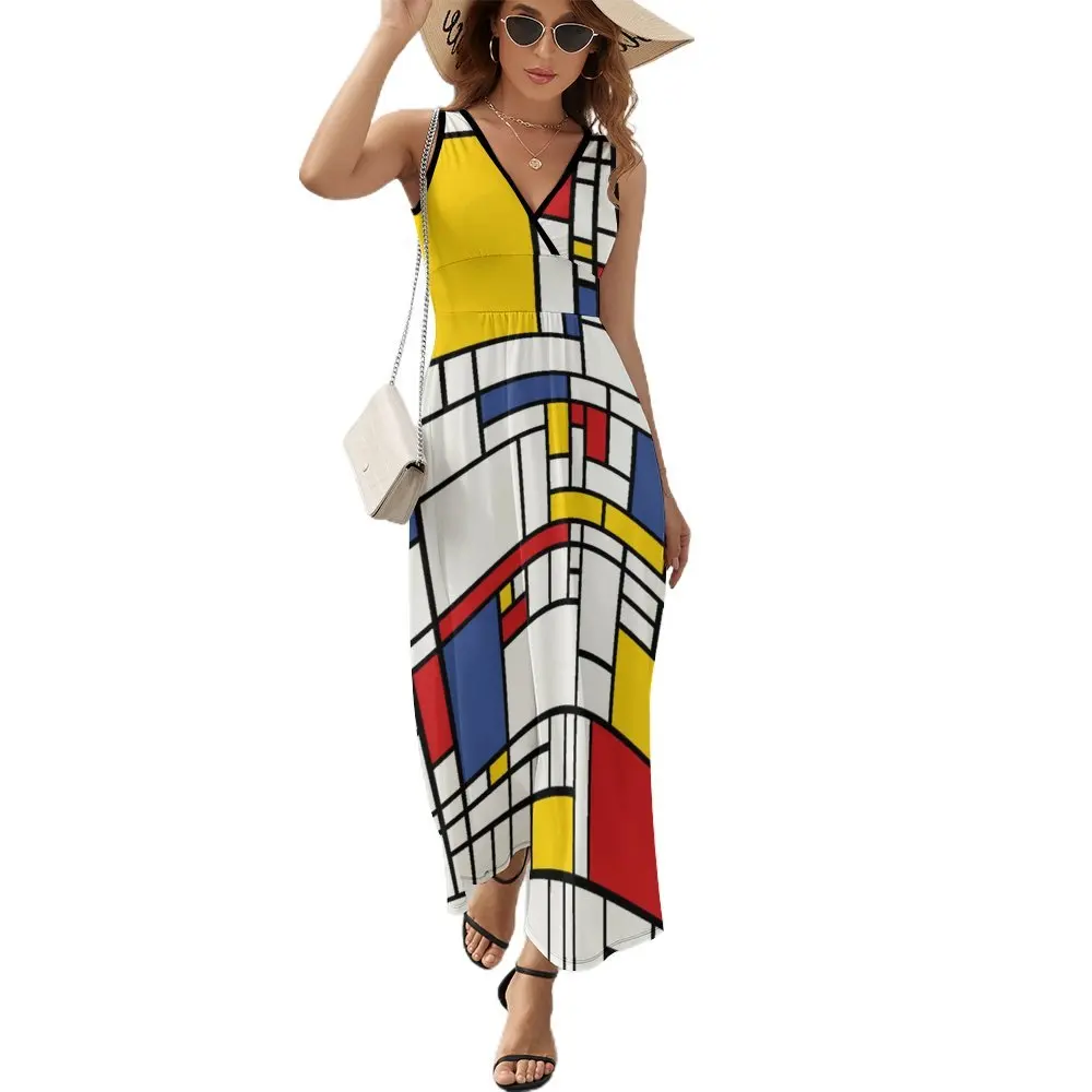 Piet Mondrian Dress WomenVintage Maxi Dress V Neck High Waist Street Style Custom Boho Beach Long Dresses