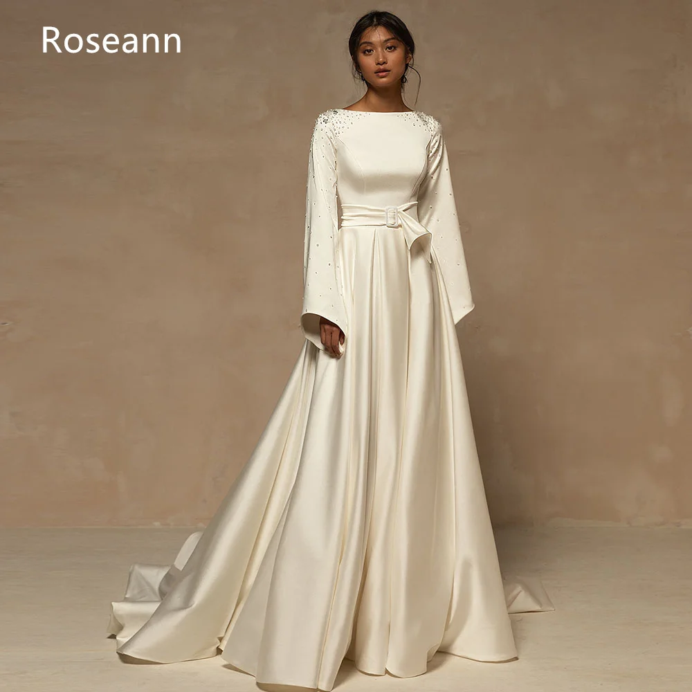 

Muslim Simple Wedding Dresses Satin O-Neck Full High Collar Draped Pleat Pearls Belt Bride Dresses Floor Length robe de mariée