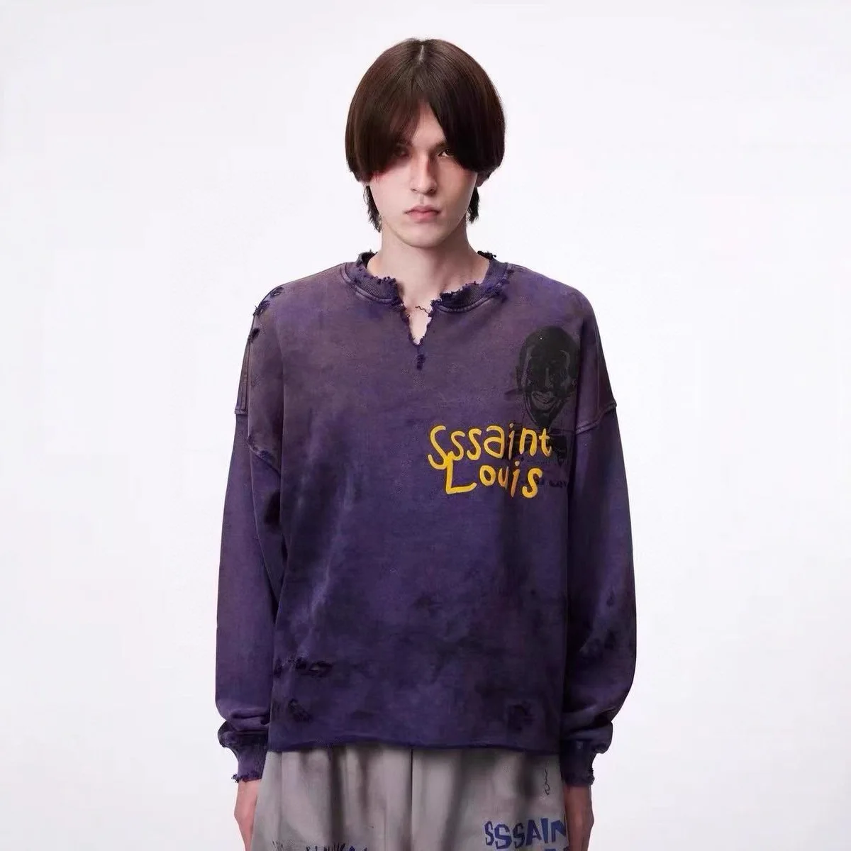 SSSAINT LOUIS 26SS Torn-neck washed and distressed round-neck hoodie for both men and women casual style