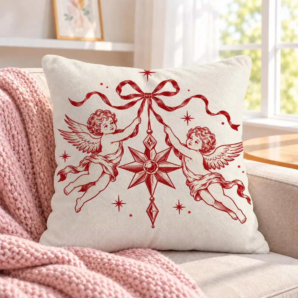 Red Line Christmas Engraving Pattern Set Cushion Cover Short Plush Throw Pillow Case, Cushion Cover for Sofa Living Room Home