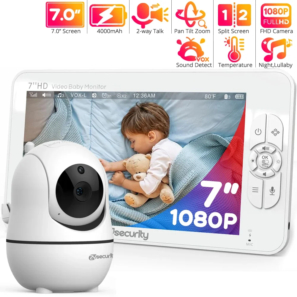 

7 Inch Baby Monitor with Camera 1080P Pan-Tilt-Zoom Nanny Babyphone 2-way Audio Night Vision No WiFi 4000mAh Battery Babysitter