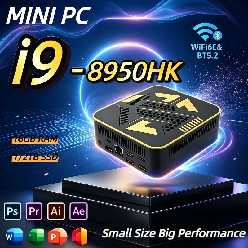 Mini PC Core i9-8950HK, M.2 NVMe 16GB RAM, 1/2TB SSD, 4K HD Output, High-Performance Portable Desktop for Gaming & Work, Great.