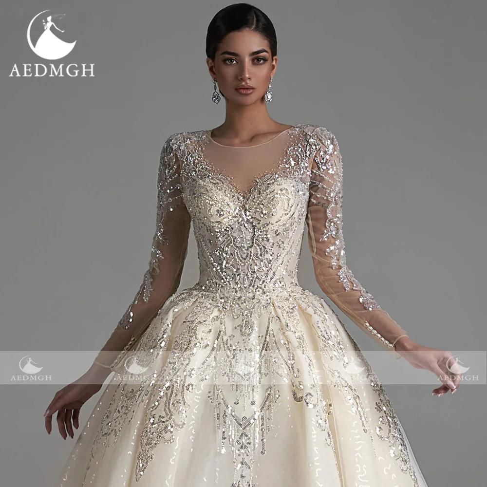 Aedmgh Baljurk Luxe Trouwjurken 2023 O-hals Lange Mouwen Vestido De Novia Lace Kralen Kapel Trein Glamorous Bruid Jurk