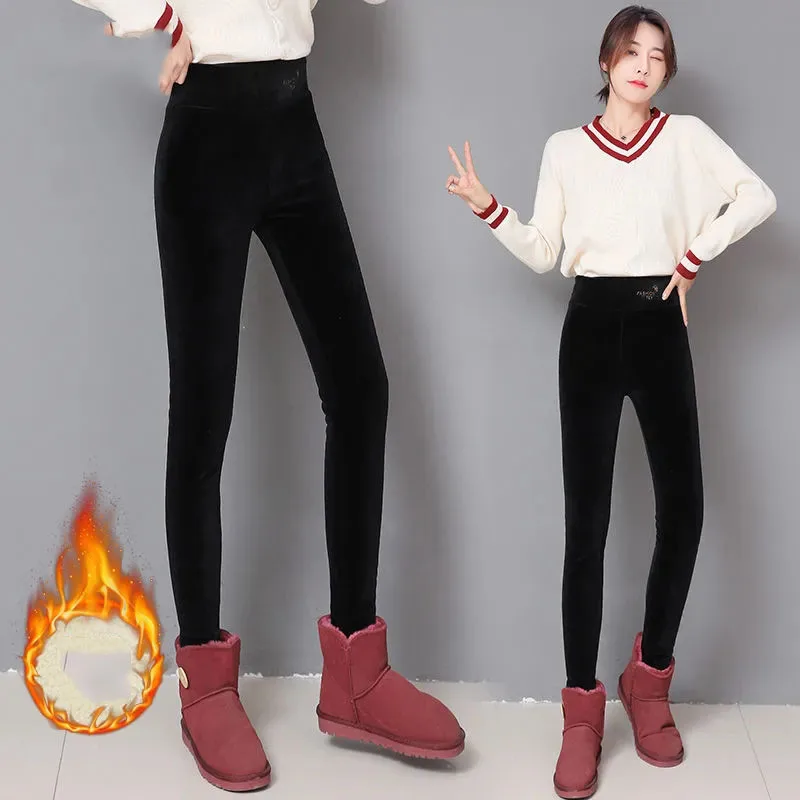 Velvet Thicken Warm Legging Winter Women Slim Fleece Lined Pencil Pants High Waist Ankle-length Casual Lambwool Fluff Legginsy