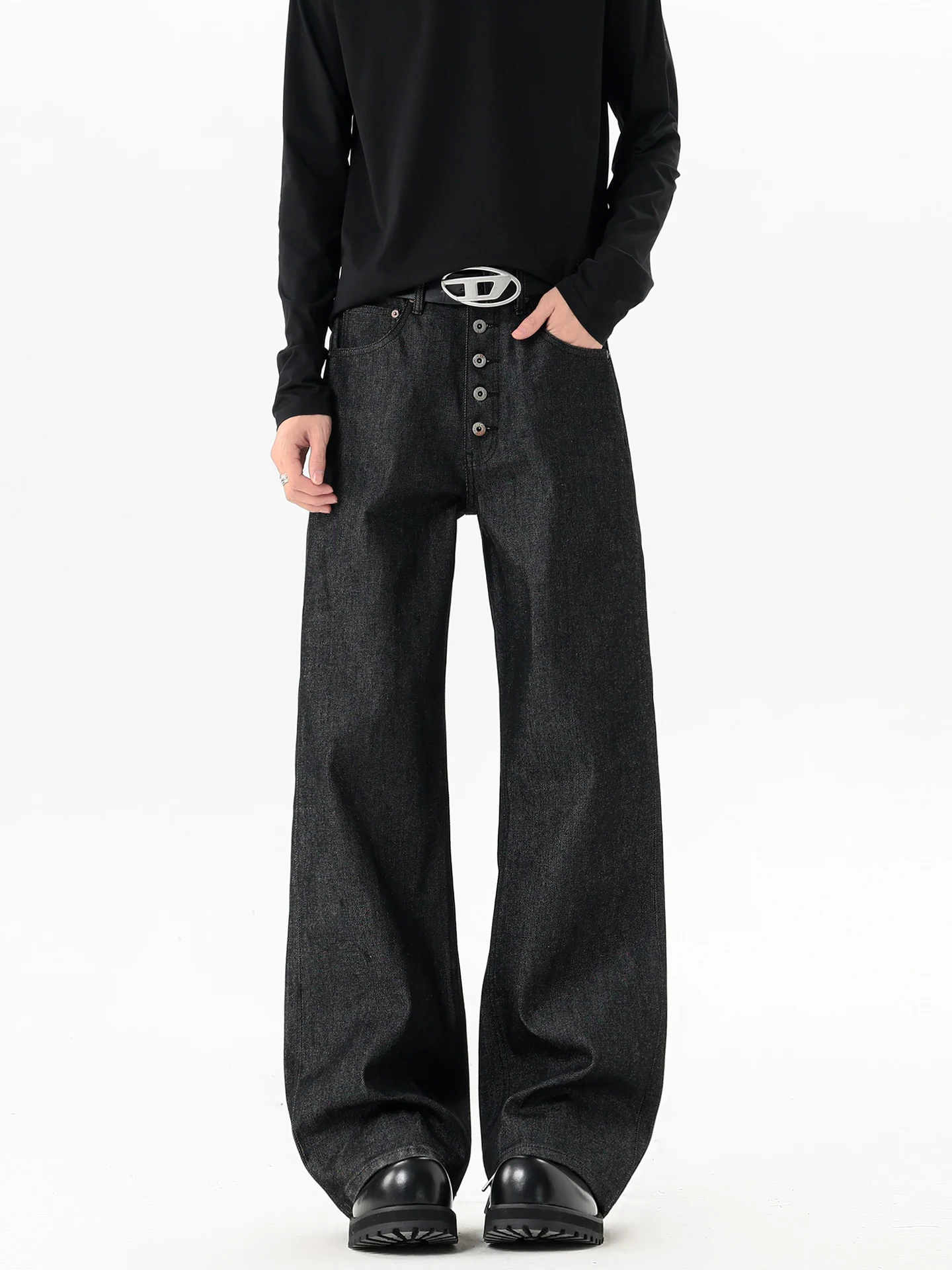 

Trendy American Denim Button Accory Design Casual Loose Men's Jeans Versatile Wide Leg Pants Youth Sle Spring Wear