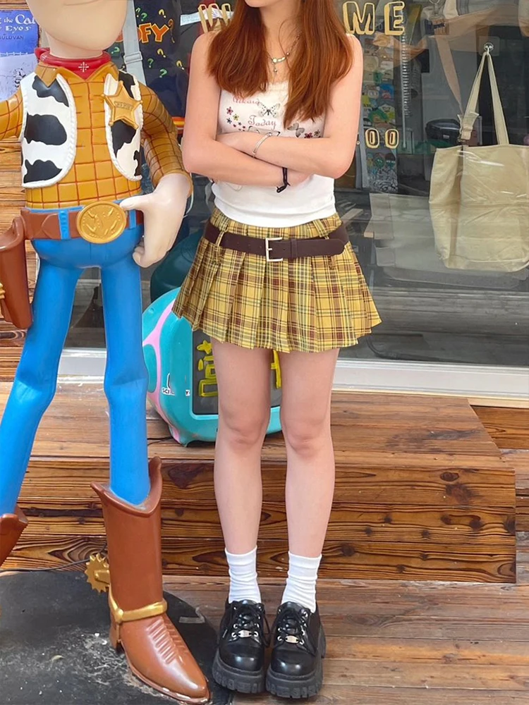 

American Sle Yellow Plaid f Skirt Women's JK ort Skirt Autumn New Sle Youthful College Wind Gored Skirt High Waist A...