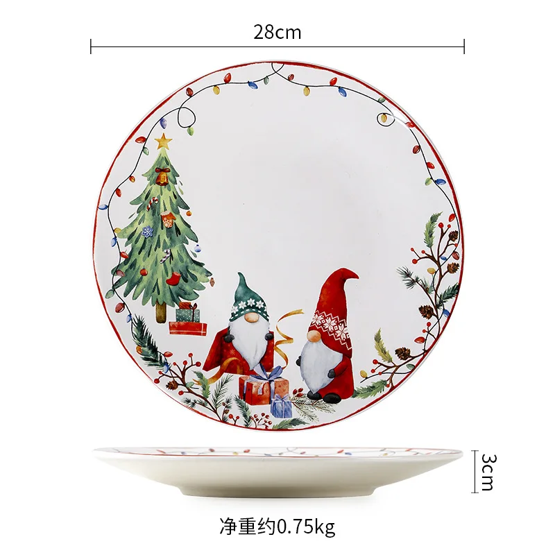 Amerikaanse keramische creatieve kerstbord met onderglazuurkleur, platte ronde bord voor huishoudelijk gebruik, dim sum decoratief bord