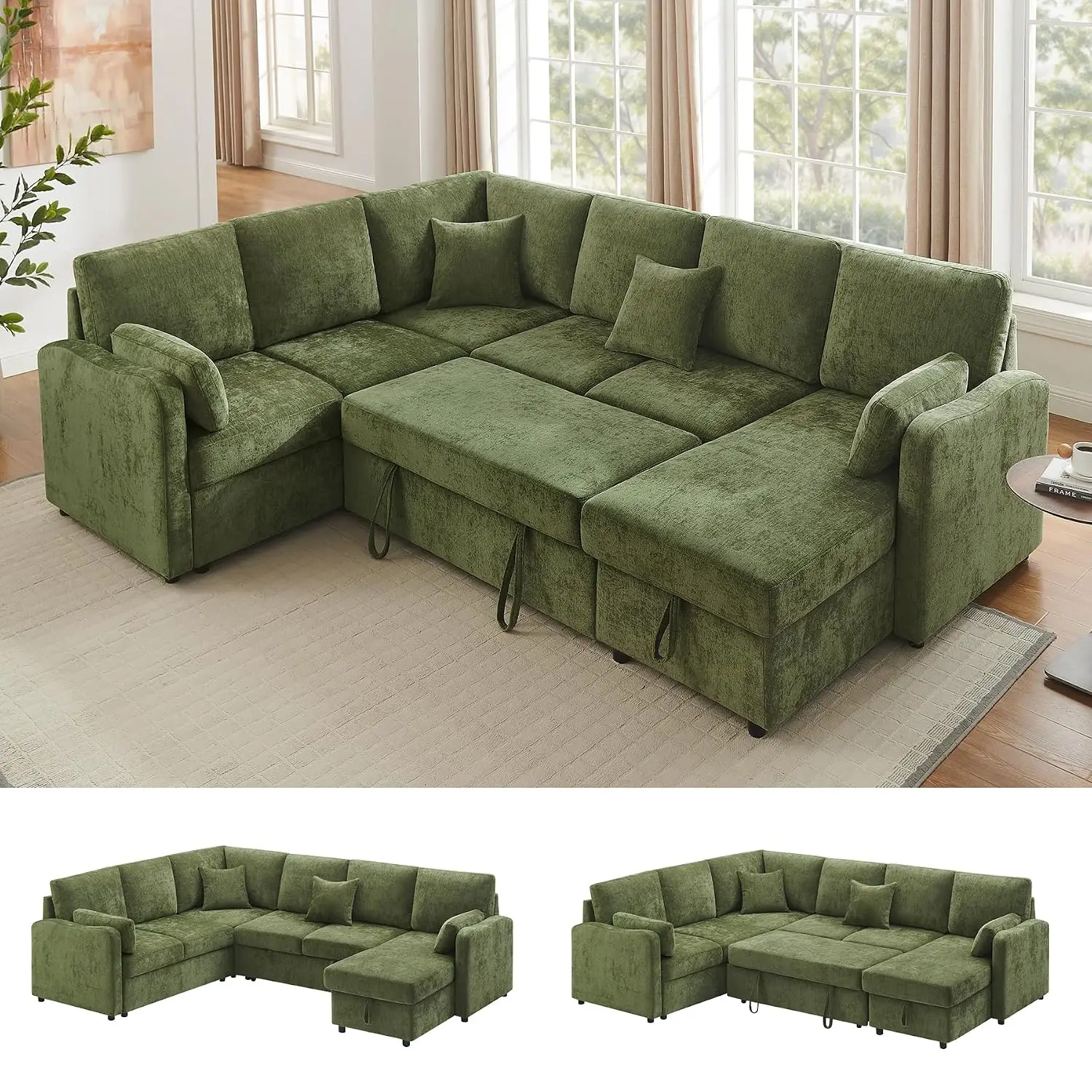 7 Seater 112'' Sectional Sleeper Sofa with Storage, Chenille Olive