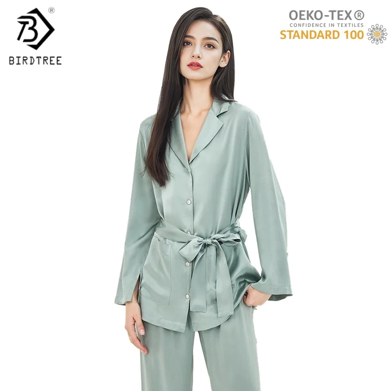 

Комплект пижамы BirdTree, OEKO-TEX, 100% натуральный шелк, 19 мм, однотонная, с длинным рукавом, для дома, женская, осень-зима 2025, новинка T5D907JF