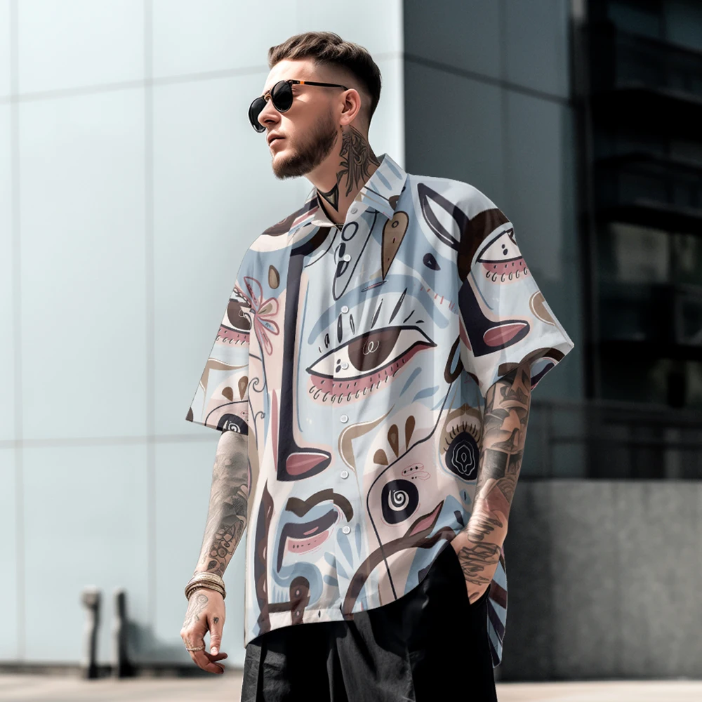 

Simple casual style face niche summer men's short-sleeved shirt loose large size street style casual thin lapel top