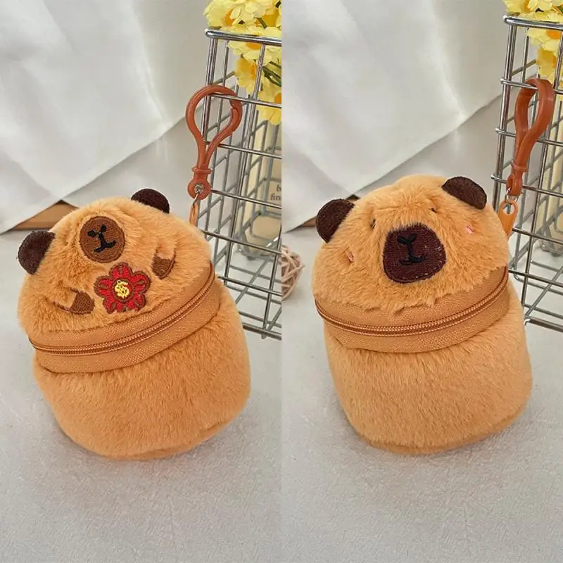Bonito de pelúcia capivara zíper moeda bolsa cilíndrica carteira fones de ouvido batom saco de armazenamento criativo boneca de pelúcia pingente meninas