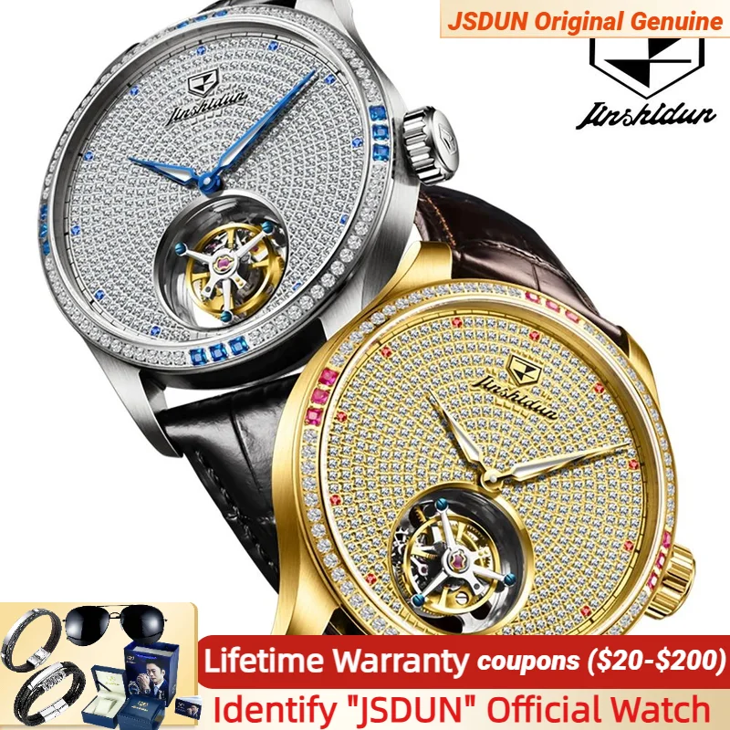 

JSDUN Full Diamond Men's Watches Luxury TOP Tourbillon Movement Leather Strap Sapphire Mirror Waterproof Men Wristwatch Original